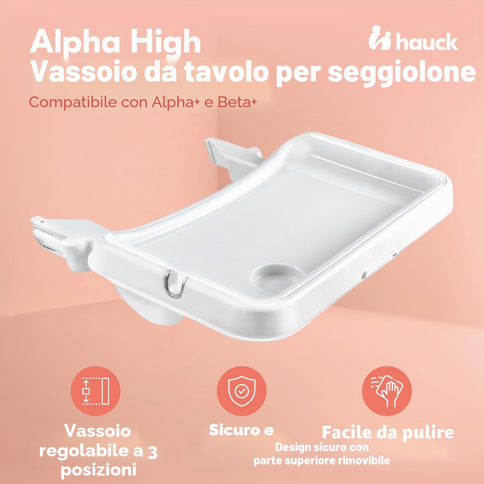 hauck Alpha Tray, Bianco - Vassoio Pappa 3in1 per Seggiolone Alpha+ e Beta+ - con Riduttore di Seduta, Bordo Rialzato e Portabicchiere - Regolabile in Profondità - Facile da Pulire
