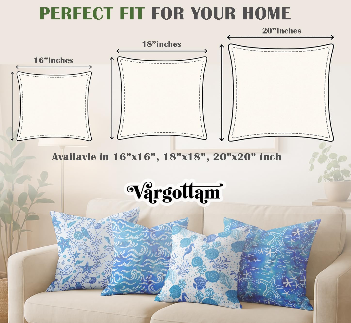 16x16, Cotton Cushion Covers Set of 4 Printed Throw Pillow Covers with Hidden Zip, Double Sided Design - Blue, Ocean Design