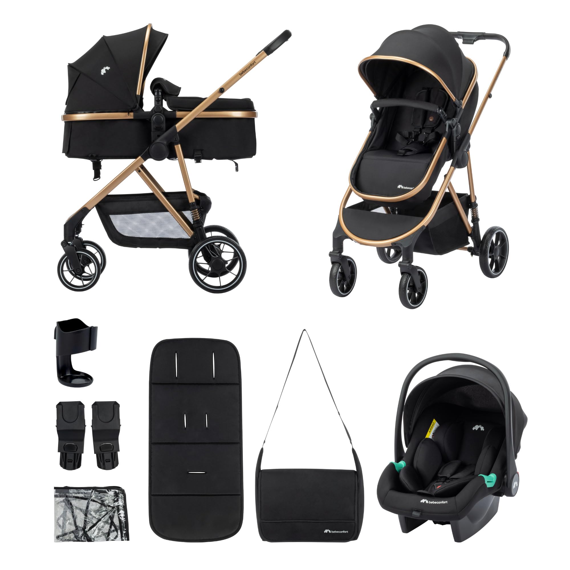 Bebeconfort Zaria Trio, Poussette Trio avec Accessoires, 0-22 kg, Noir/Or | Poussette 3 en 1 avec Siège Auto Bébé, Siège Réversible et Inclinable 2-en-1, Suspension aux 4 Roues, Panier 5 kg