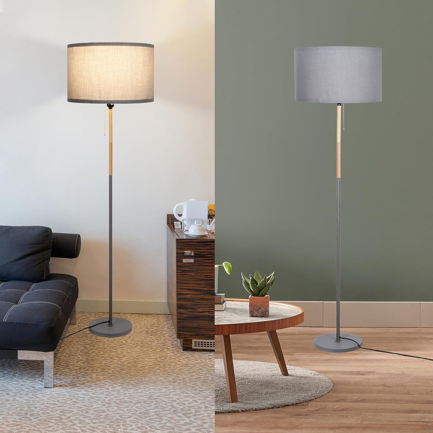 Modern Floor Lamp for Living Room Farmhouse Floor Lamps Pole with Linen Lamp Shade, Standing Tall Floor Lamps for Bedrooms and Office (Grey)