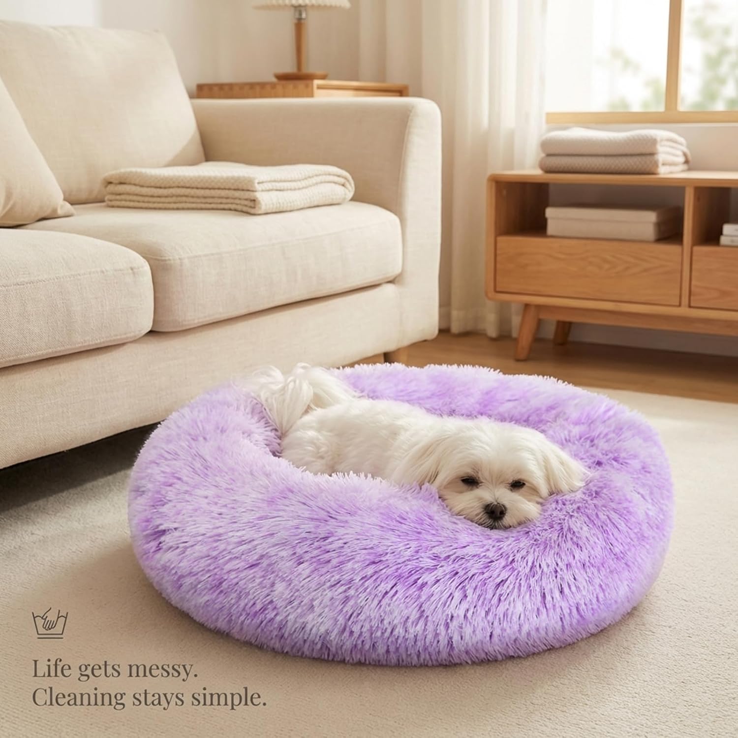 Calming Donut Dogs Beds for Small Dogs Washable,23inch Plush Round Pet Bed for Cozy Sleep,Fluffy Faux Fur Large Cat Bed,Fits up to 25 lbs Pets,Gradient Purple
