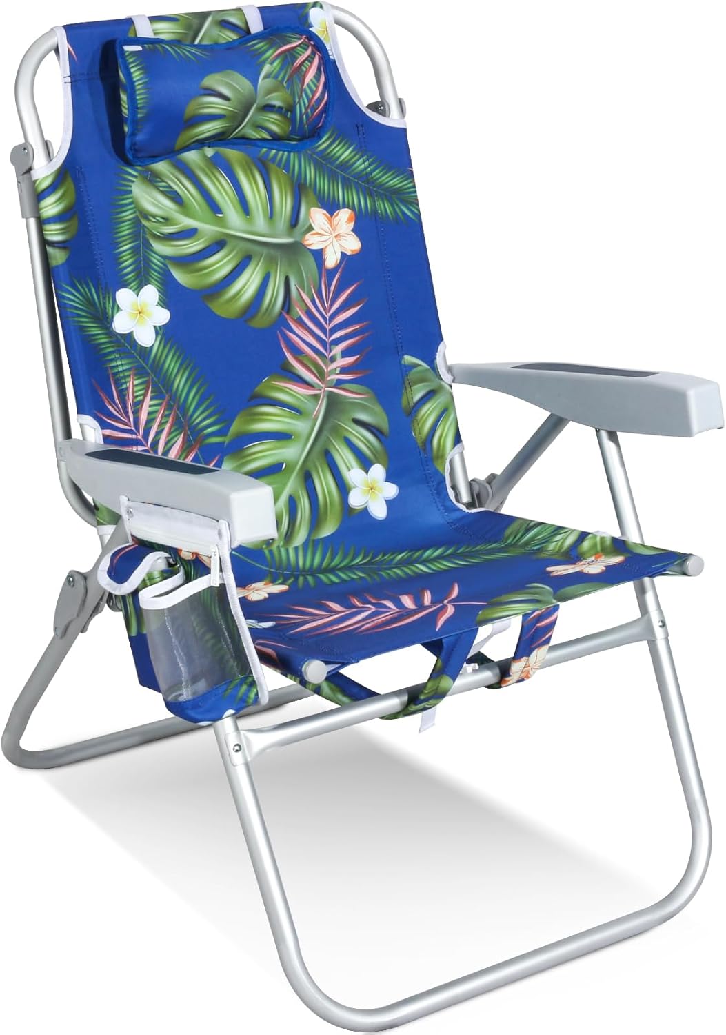 Tall Beach Chairs for Adults  5-Position Reclining Backpack Chair with Large Insulated Cooler & Storage Pocket, Aluminum Frame, Portable for Travel & Outdoor, Supports 300lbs, Tropical Palm