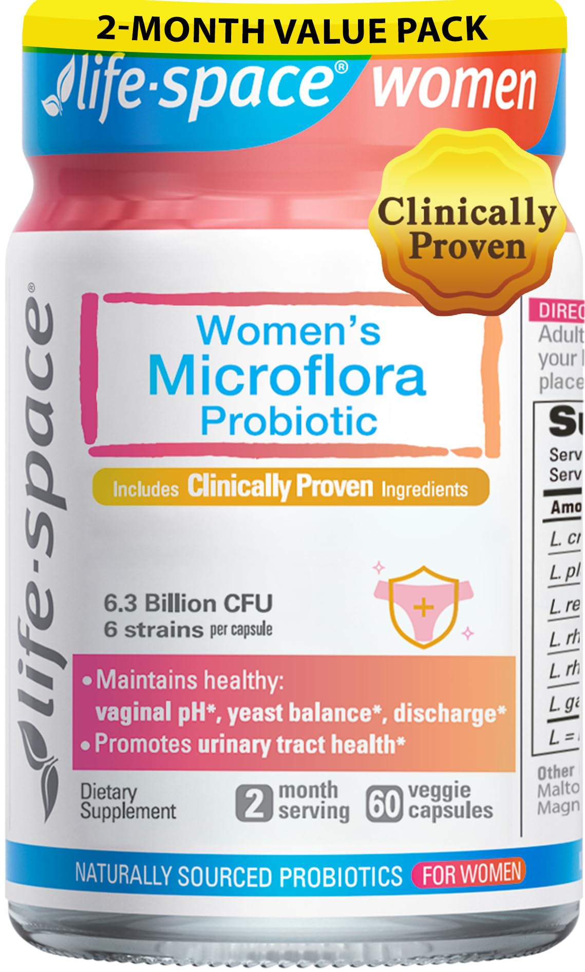 Life-Space Probiotic for Women - Supports l Health, Microflora and pH for BV and Yeast and Urinary Health - 6.3 Billion CFU - 60 Capsules