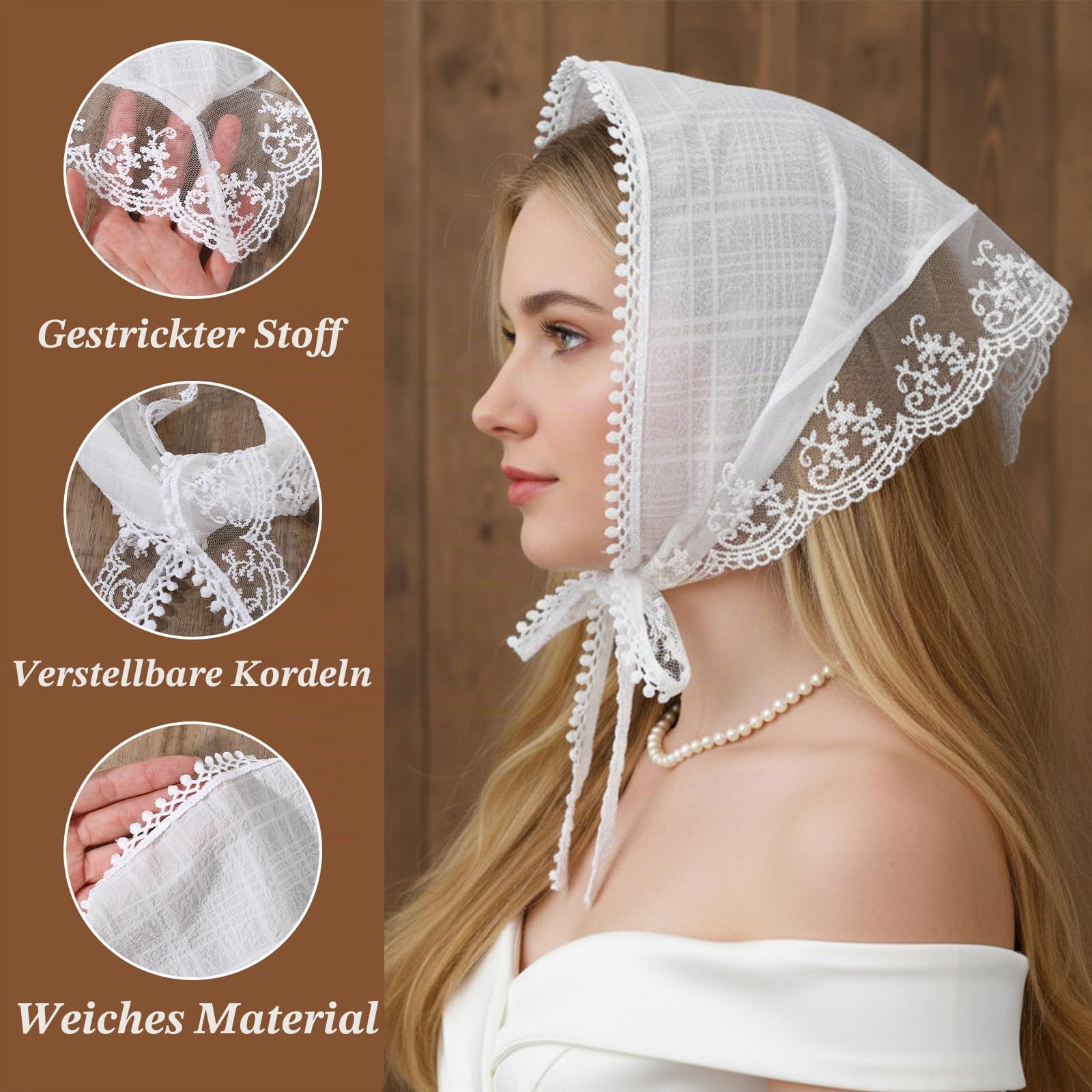 Spitzen Kopftuch, Weißes Damen Bandana, Elegantes Dreieckstuch, Vintage Haartuch, Kopfbedeckung Sommer Kopftücher Haartücher Haaraccessoires(Raster)