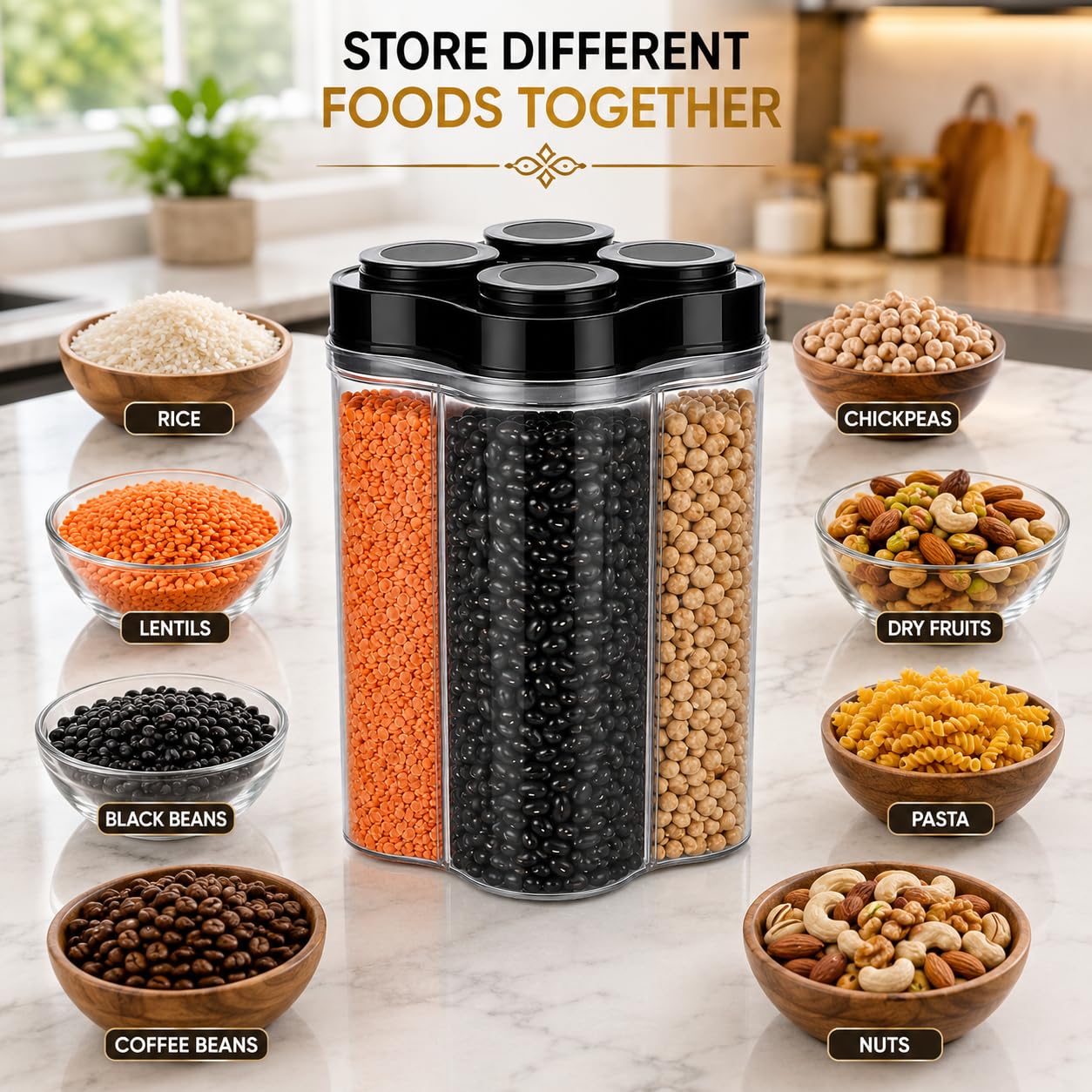 TAZLYN Contenedores 4 en 1 para almacenamiento, caja de almacenamiento de cocina para contenedores de cocina, cajas de cocina para almacenamiento en tarros de cocina y contenedores caja para