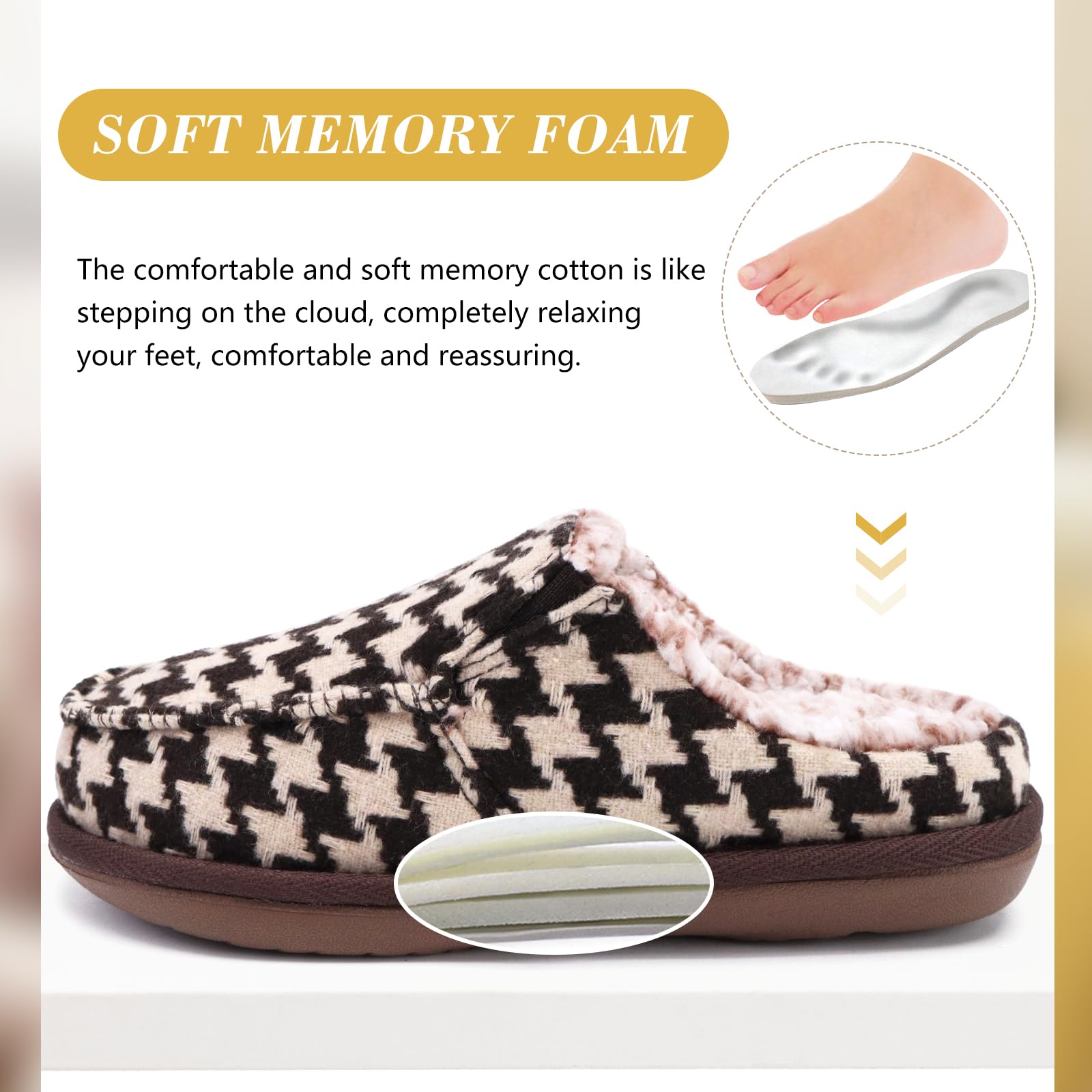 ONCAI Pantofole Donna Peluche Tessuto di Lana Houndstooth Misto Cotone Morbido Memory Foam Comode Plaid Pelliccia sintetica Ciabatte da casa Interno Esterno Tappetino Yoga Suola di Gomma Taglie 35-42