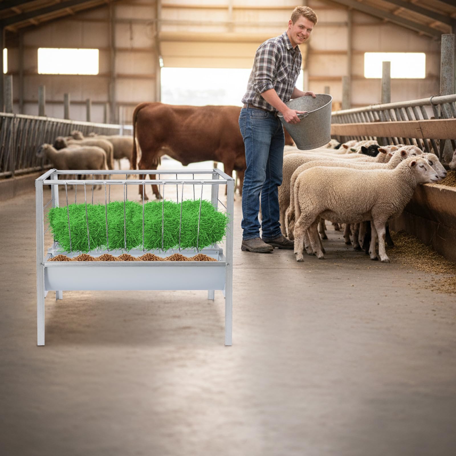 Comedero grande 2 en 1 de acero resistente para heno y cereales con más profundo y independiente, comedero para caballos, cabras, ovejas y ganado, 100 x 66 x 85 cm