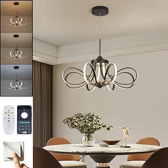 Chrome/Black LED Ceiling Light with Remote Control, Dimmable Lustre with 3 Color Temperature,6 Lights Chandelier for Dining Room Black-Pendant-YF2805, Dia 35.4*H10.2 inch