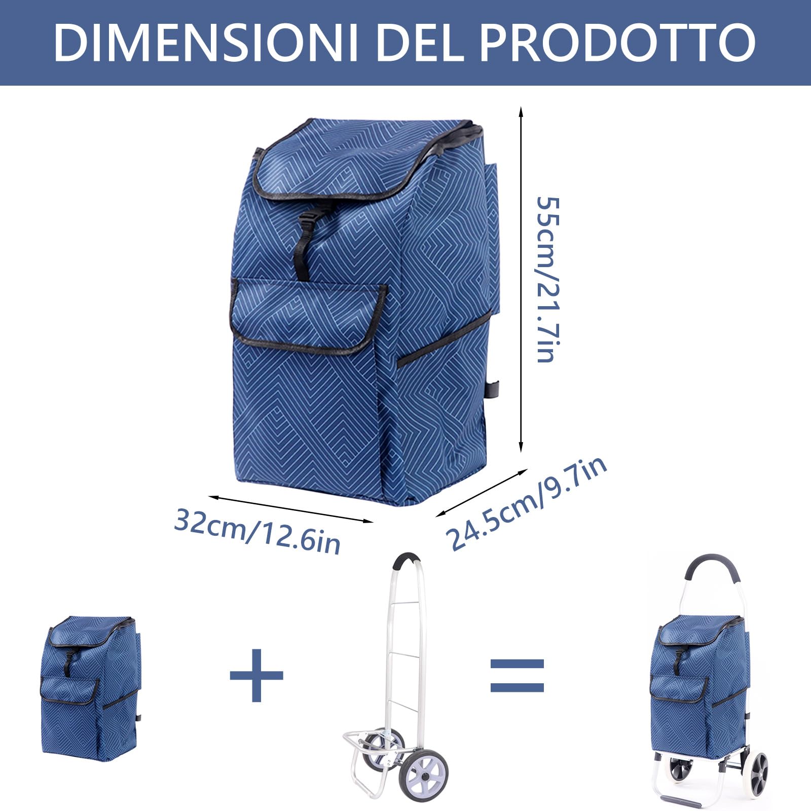 Borsa di Ricambio per Carrello della Spesa in Tessuto Oxford 1 Pezzo Blu | Misura 55 x 31 x 23 cm, Sostituisce Borse Usurate, Articoli Raccolti, per Supermercato Mercato Uscite
