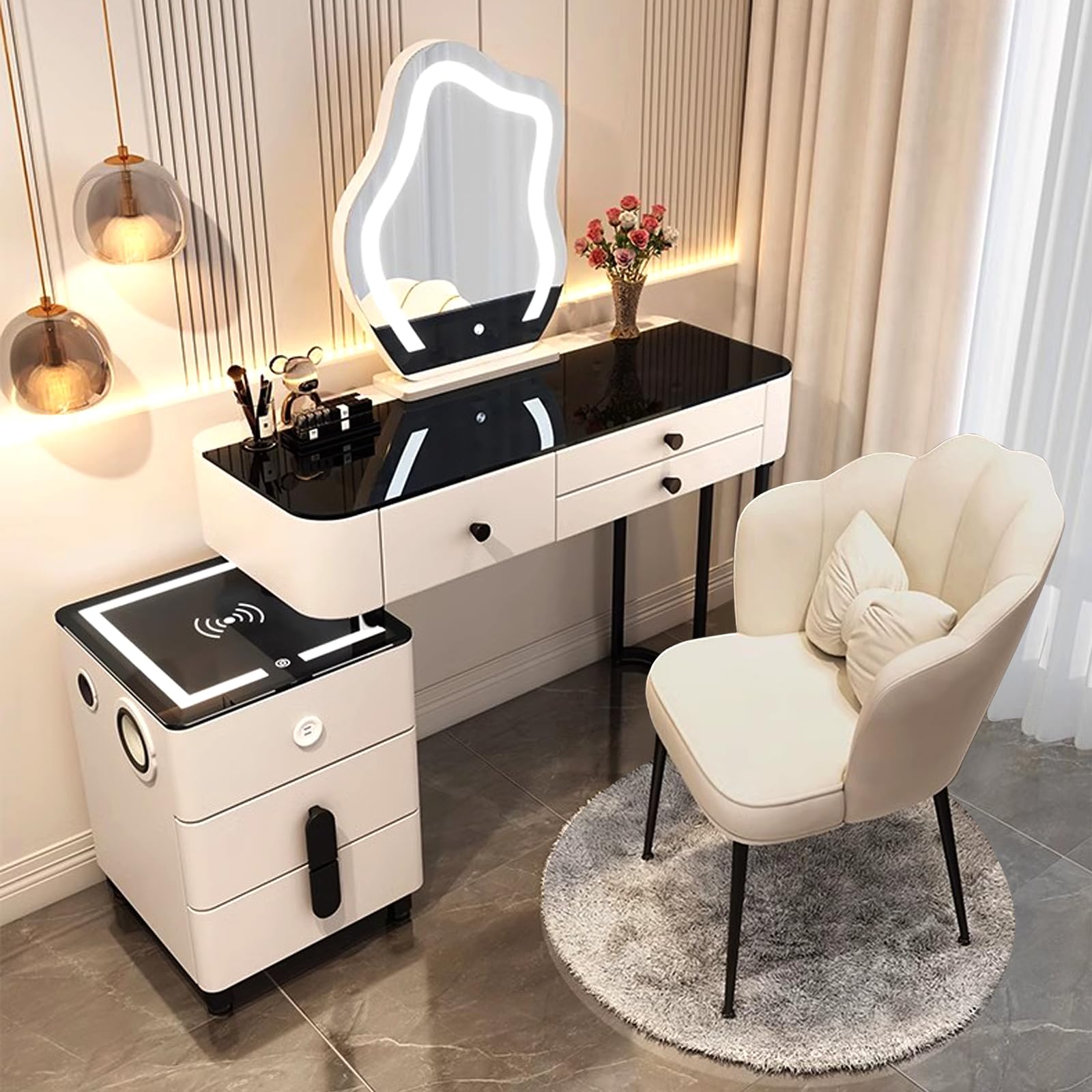 JIANRUIBedroom Dressing Tables LED Cloud Mirror White 39.37in, Makeup Table Set with Solid Wood Drawers and Chair Vanity Cabinet 3C Glass Countertop Vanity Desk for Apartments