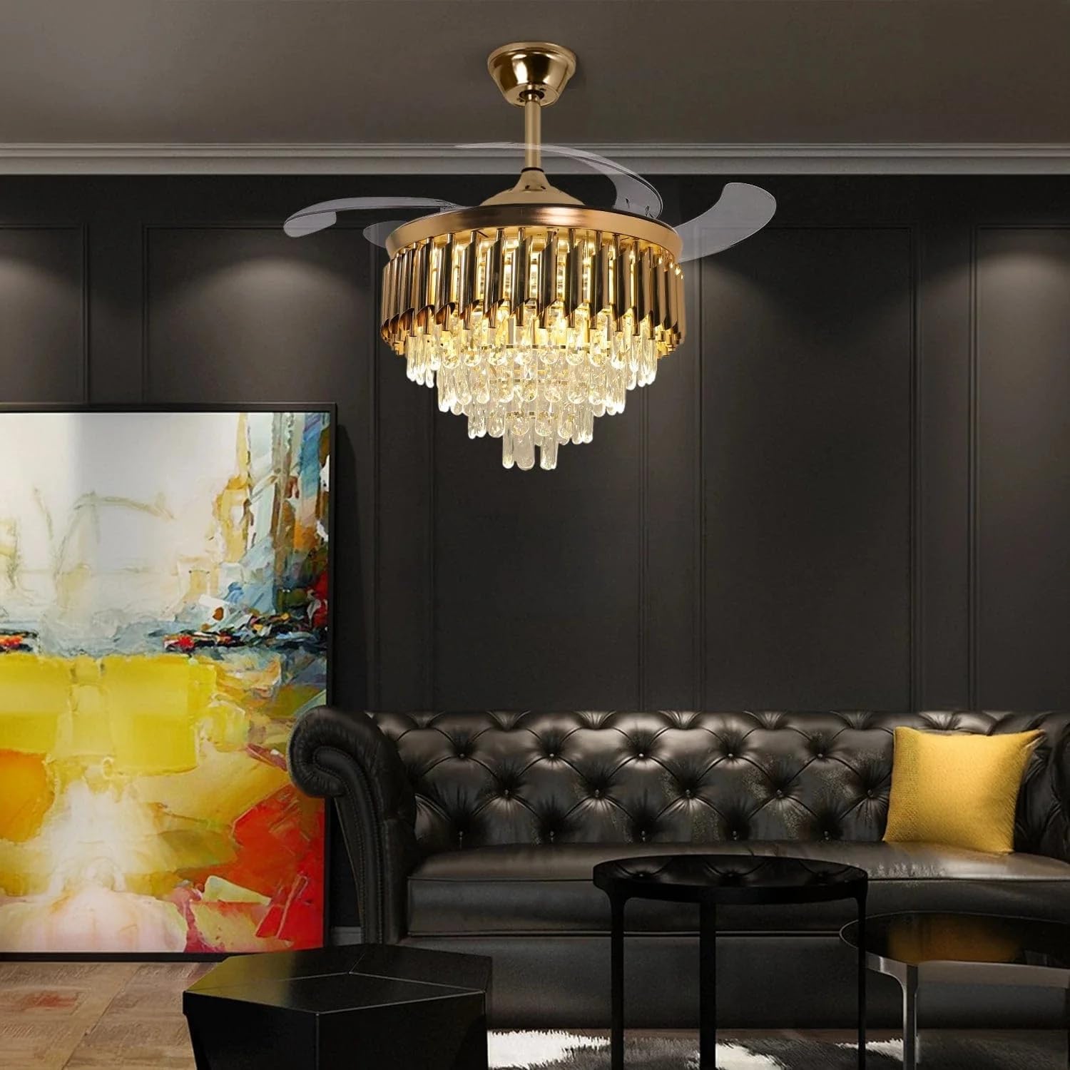 Modern K9 Crystal Chandeliers Gold -5Tier Round Crystal Chandelier for Living Room Colors.Warm White, Moon Light,Golden,Led Plate Included. (Round Full Gold, 600MM Fan)-image-29