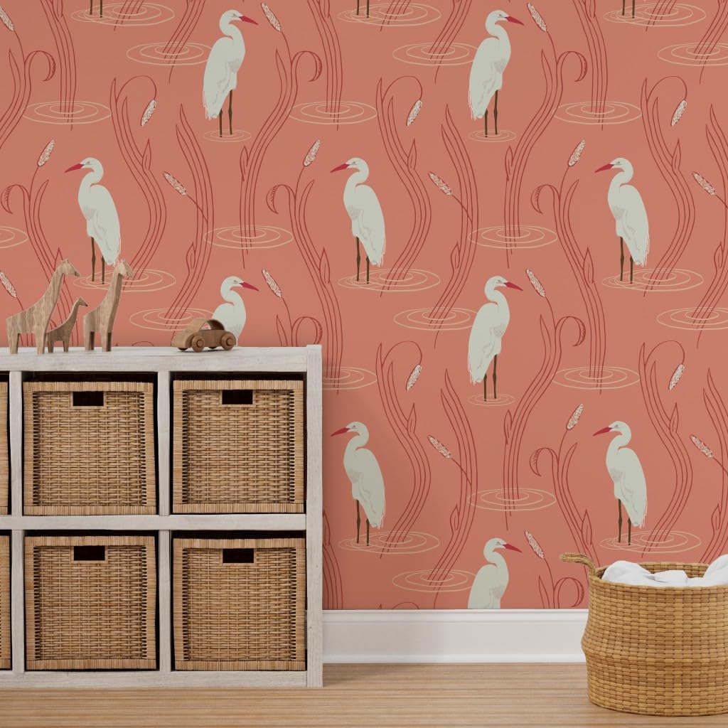Removable Wallpaper 6ft x 2ft - White Egrets Coral and Cream Coastal Nautical Large Scale Wildlife Beach Marsh Custom Pre-Pasted Wallpaper by Spoonflower