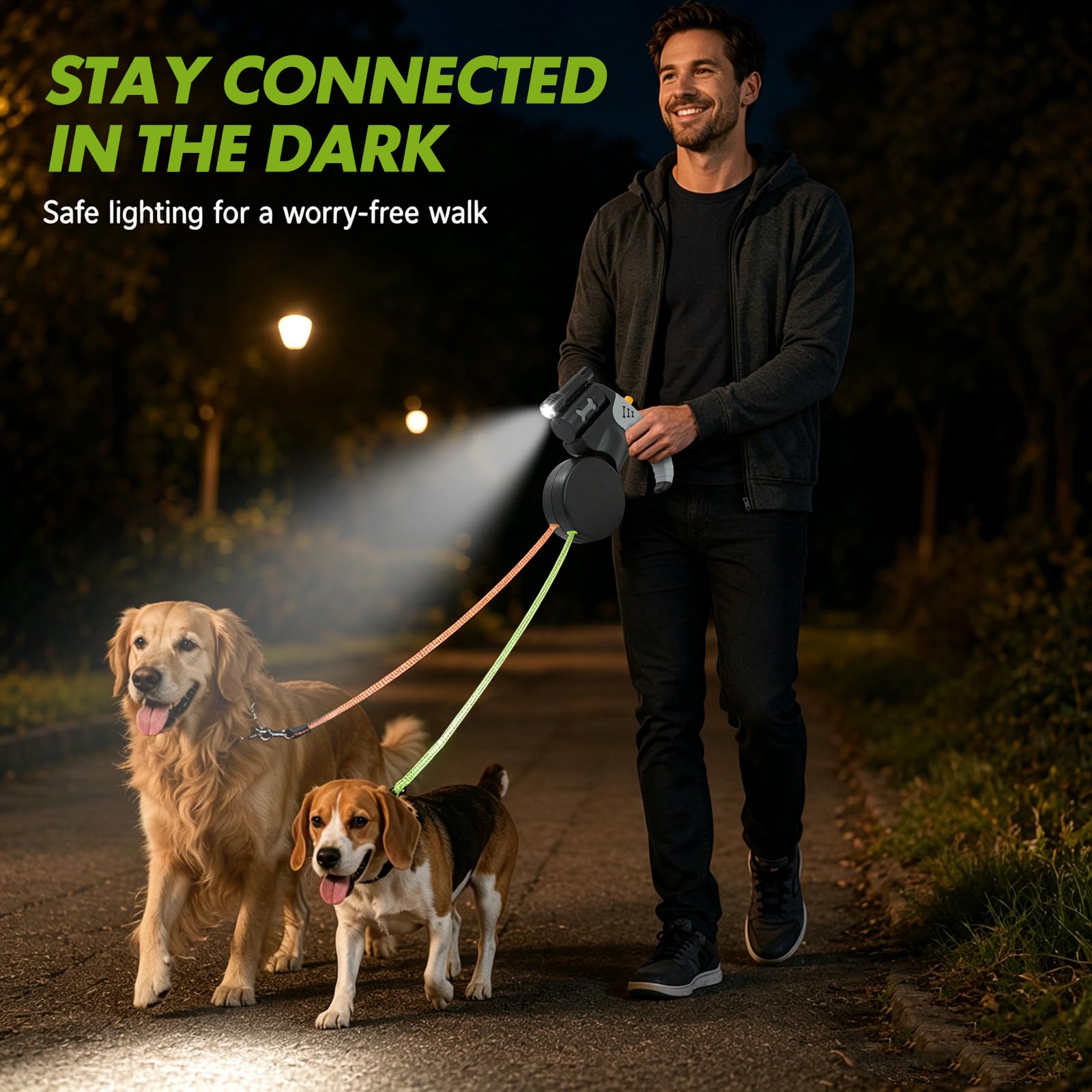 RANJIMA Einziehbare Hundeleine, 3 m Hundeleine Doppelleine Für 2 Hunde Mit Licht, Automatische Hund Versenkbar Leine, Flexileine, Anti Rutsch Griff für Kleine Und Mittelgroße Hunde
