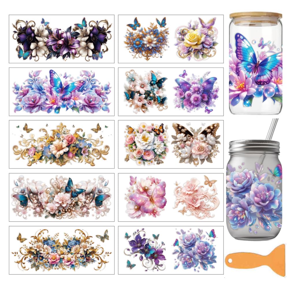 arricraft 10 Sheets 3D Flowers Butterflies Theme UV DTF Cup Wrap Stickers