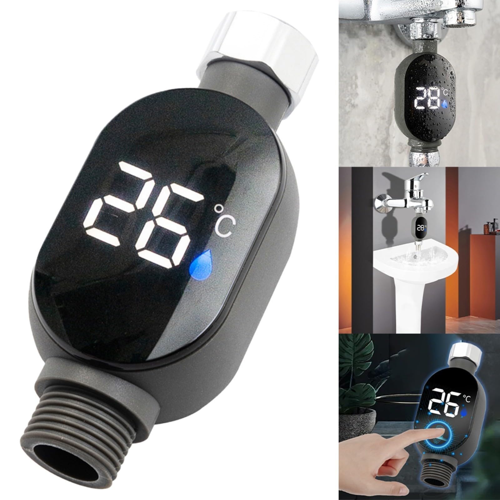 Thermomètre de douche numérique à LED en acier inoxydable avec affichage LED de 0 à 99 °C Compatible avec tuyaux d'eau et têtes de douche 1/2"