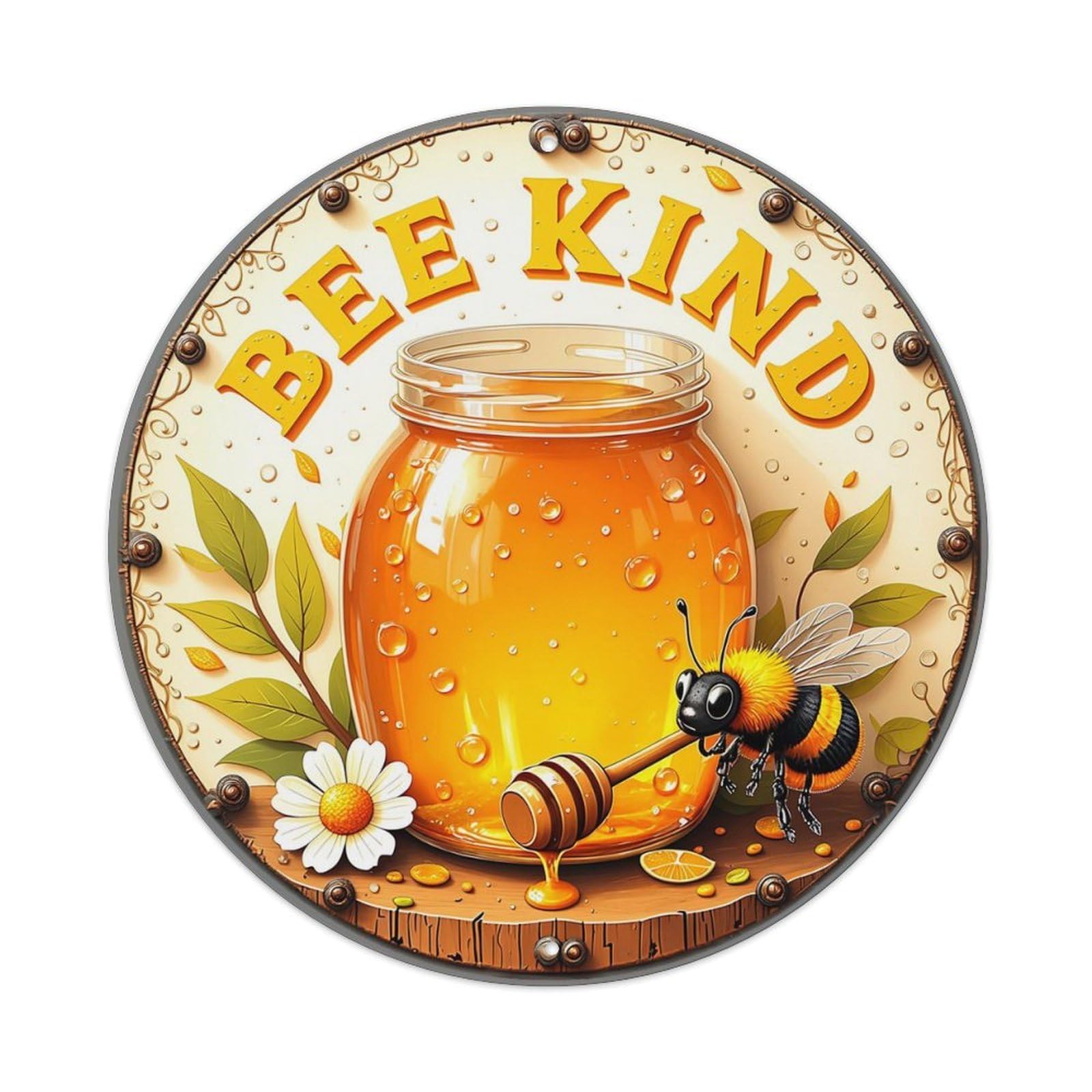 Bee Kind Honey Jar Bee Retro Metal Sign Round Tin Sign, Vintage Decor Art Poster for Bar, Home, Man Cave, Kitchen, Laundry Room Gift 8x8Inch