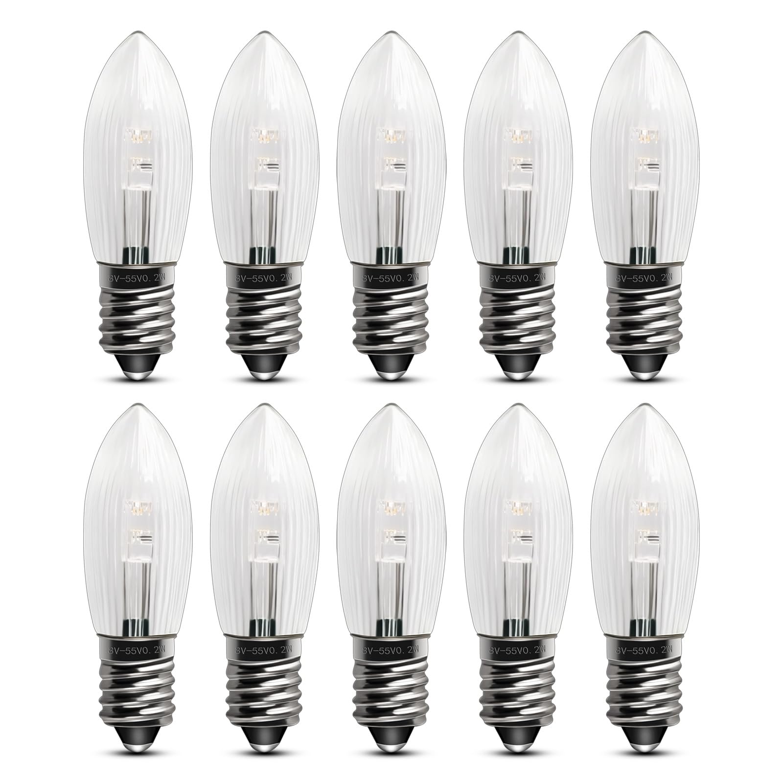 Akynite E10 0.2W LED Candle Arch Bridge Bulbs AC 8-55V, Christmas Spare Bulbs Dimmable, Candle Replacement Light Bulbs, Warm White 2200K Mini Screw E10 LED Candlestick Fairy Lights, 10pcs