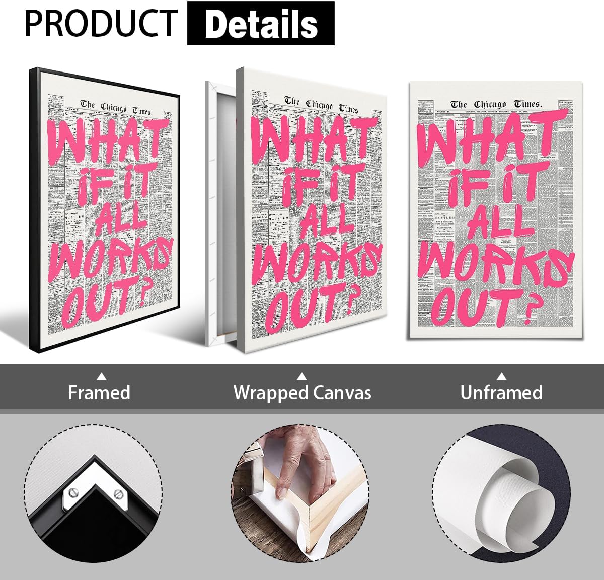 Pink What If It All Works Out Quote Poster, Vintage Black White Newspaper Canvas Wall Art, Trendy Positive Affirmations Picture Print, Charming Inspirational Office Wall Decor 8x12in Framed