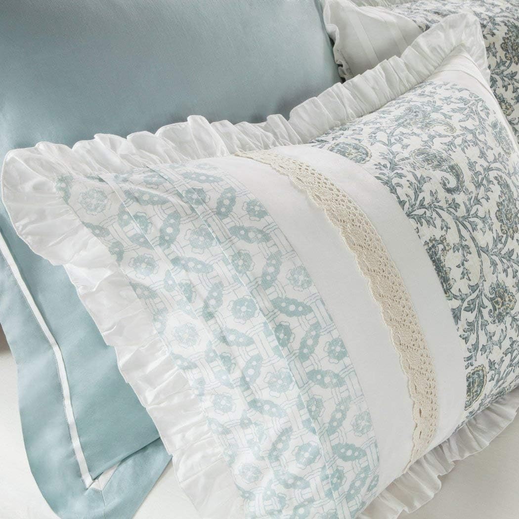 D&H 9 Piece Periwinkle Blue Green Paisley Comforter Queen Set, Blue White Shabby Chic Adult Bedding Master Bedroom Stylish Pintuck Ruffled Pattern Ruched Elegant Traditional Cotton Polyester
