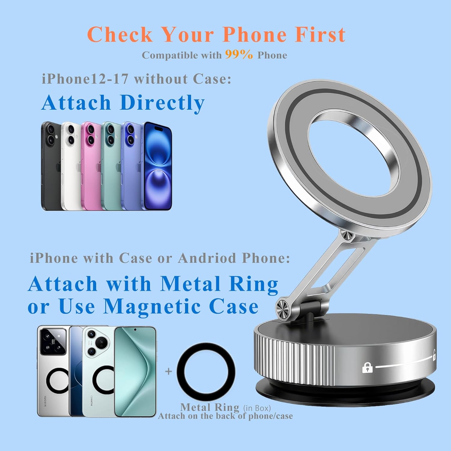 Vacuum Magnetic Phone Holder for Car,Full Metal Body,Vacuum Suction Phone Mount,Magsafe Car Mount for iPhone, Folding Holder for iPhone and Android (White)