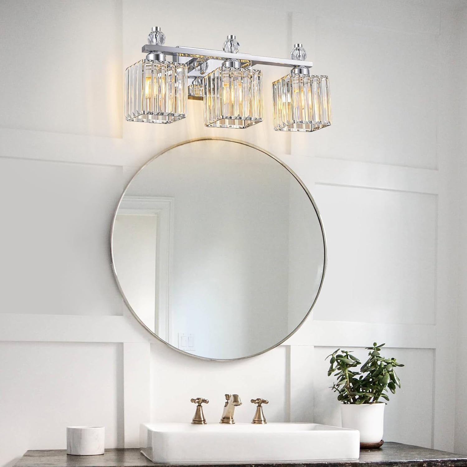 Bathroom Vanity Lights 3-Light Modern Crystal Vanity Light Chrome Bathroom Light Fixtures Over Mirror Crystal Bathroom Vanity Lighting Fixtures