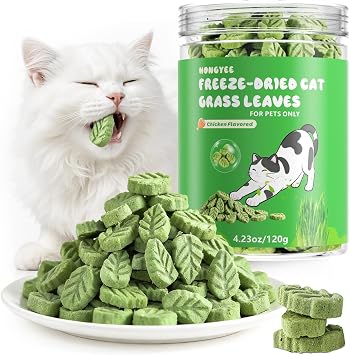 120g/4.23oz Cat Grass Stick Snacks, Freeze Dried Kitty Grass Sticks Snacks, Hairball Remove and Teeth Cleaning for Cat,Edible Cats Catnip Toys for Indoor Cats,Cat Training TreatsLeaf Shape