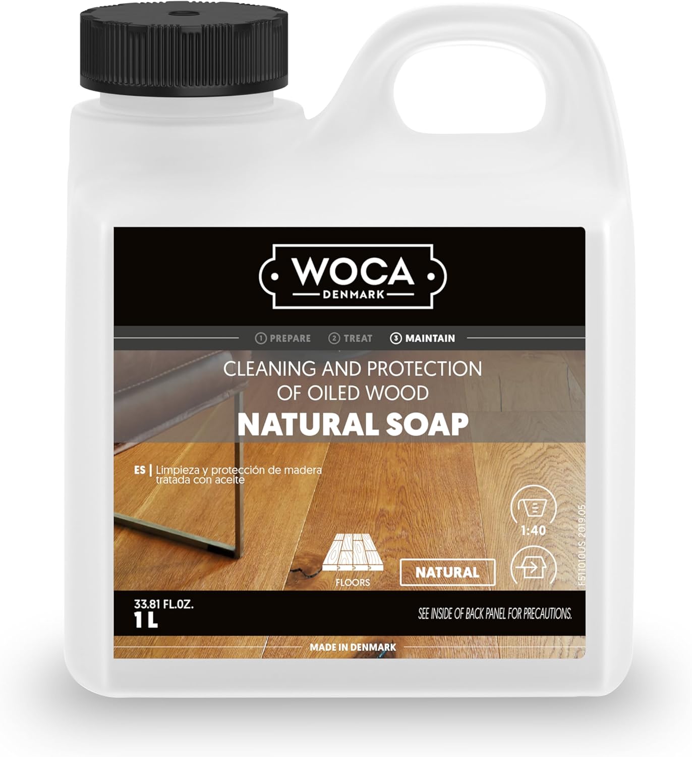 WOCA Natural Soap, Natural 1L – Concentrated Wood Cleaner for oil finished hardwood floors, tables, millwork, cutting boards, countertops and butcher block