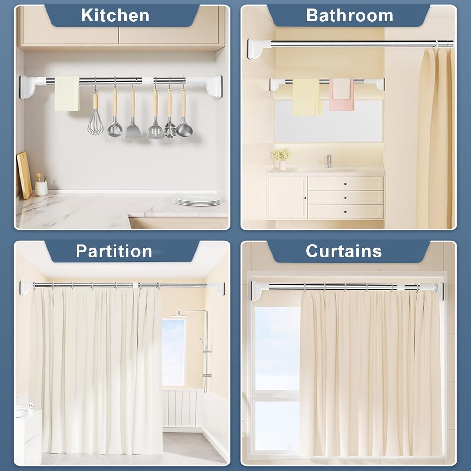 Gardinenstange ohne Bohren, Duschvorhangstange, Vorhangstange Klemmstange Teleskopstange, für Badezimmer, Kleiderschrank, Fenster, Raumteiler(Weiß,70-120cm)