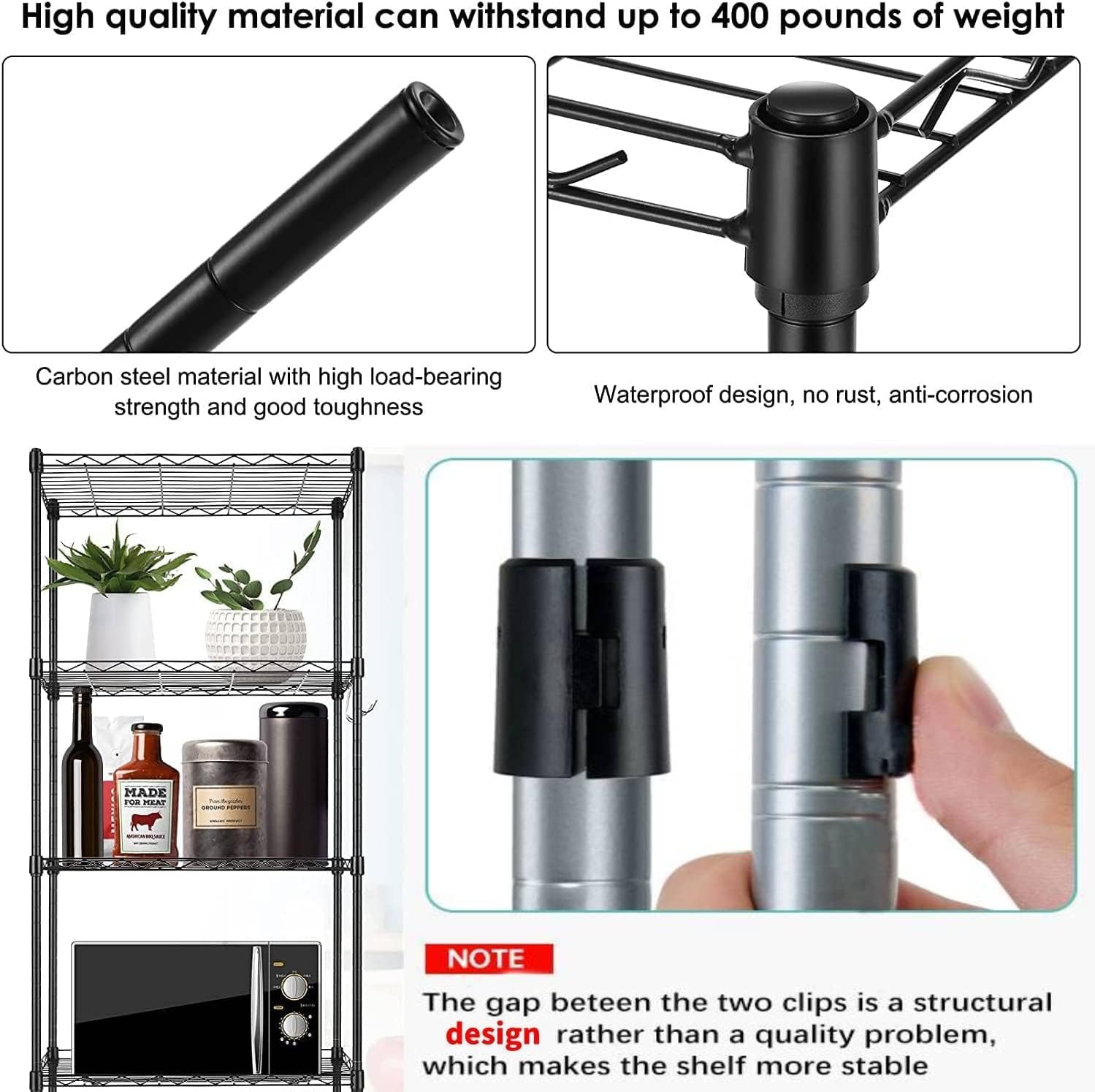 Alishebuy 5-Shelf Heavy Duty Storage Shelving Unit,Tier Wire Adjustable Shelving Utility Commercial Steel Organizer Wire Rack with 4 Hooks for Kitchen Bathroom Office and Garage, Set of 2 (Black)