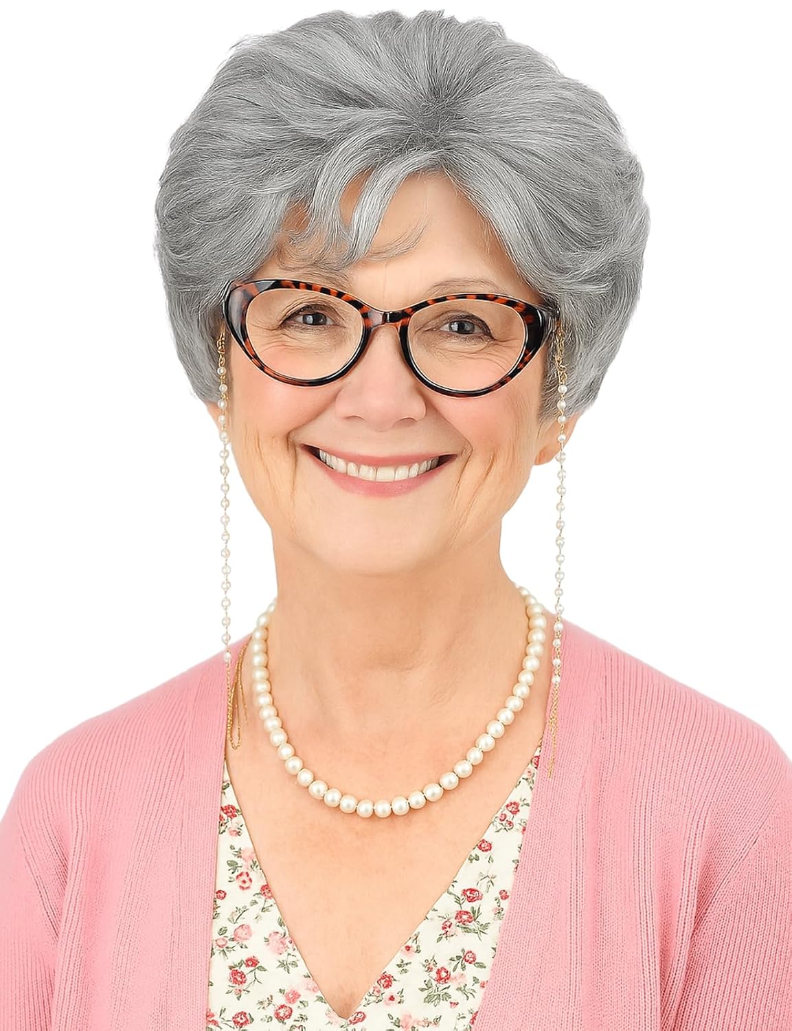 Gray Old Lady Costume Wig for Women with Glasses Chain Necklace - Short Curly Grey Grandma Wigs for Older Women Granny Outfit - Perfect for 100th Day of School Costume and Parties (Grey) - Image 2