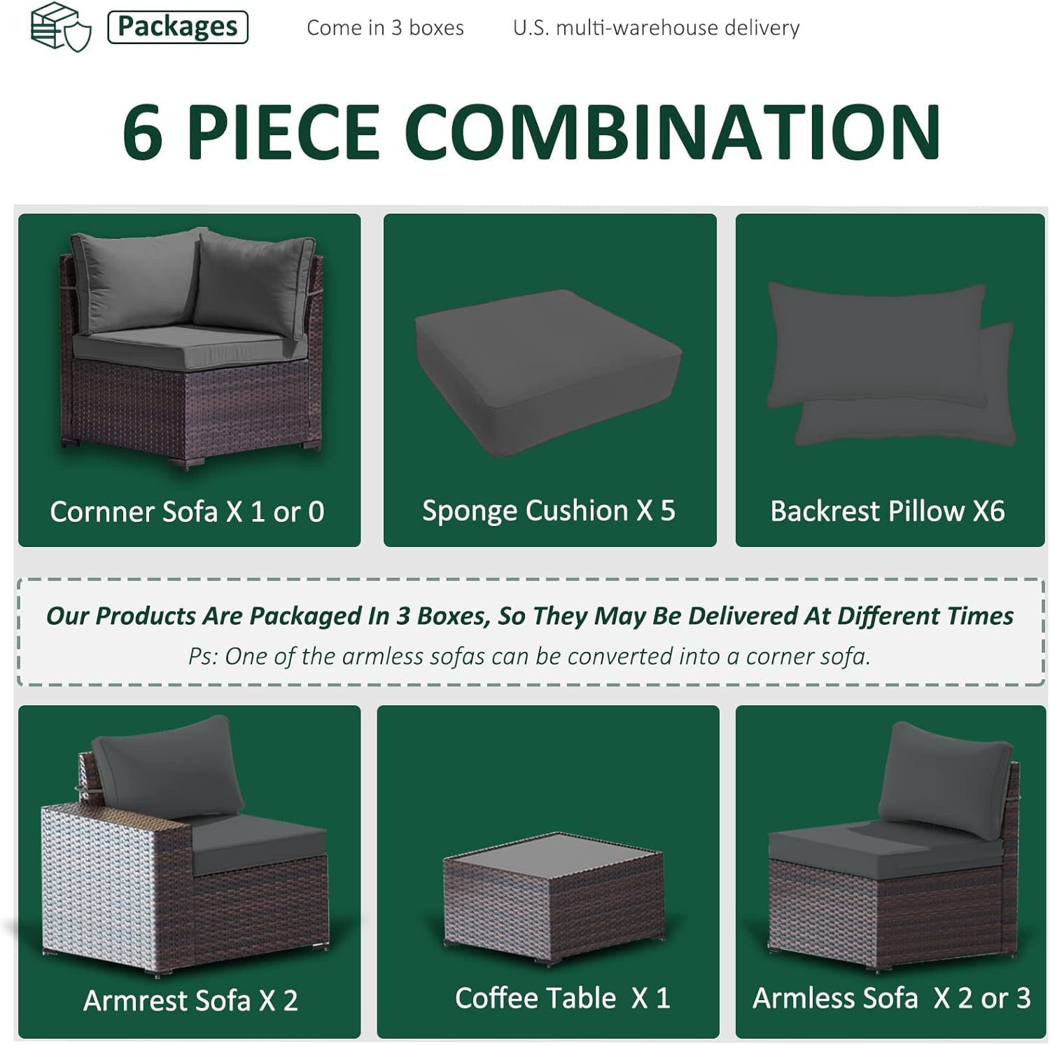6 PCS Outdoor Patio Furniture Set,Outdoor Sectional Furniture All Weather PE Rattan Wicker Patio Conversation Set with Coffee Table and 5 Thickened Cushions,Grey