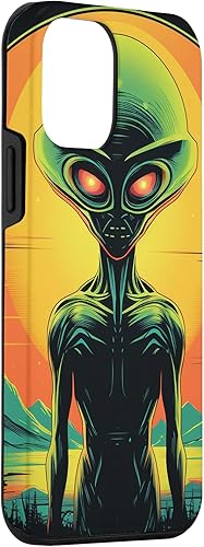 Vista 30 de iPhone 14 Pro Max Cute Green Alien Head UFO Space Face Alien Case