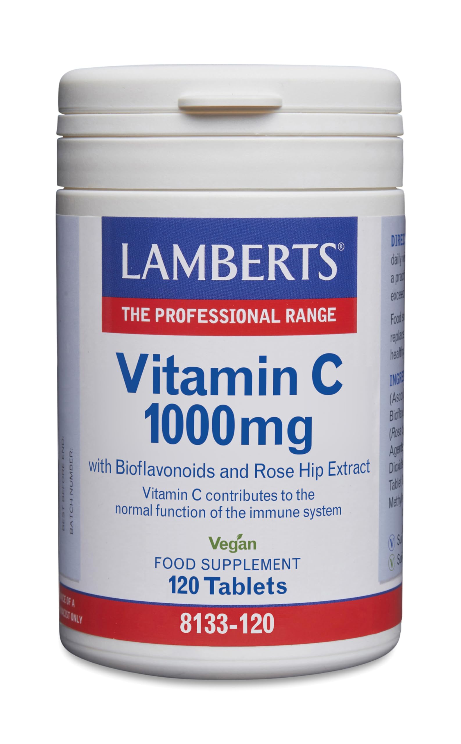 Lamberts Vitamin C 1000mg – with 150mg Bioflavonoids & 100mg Rose Hips – Immune Support – 120 Tablets