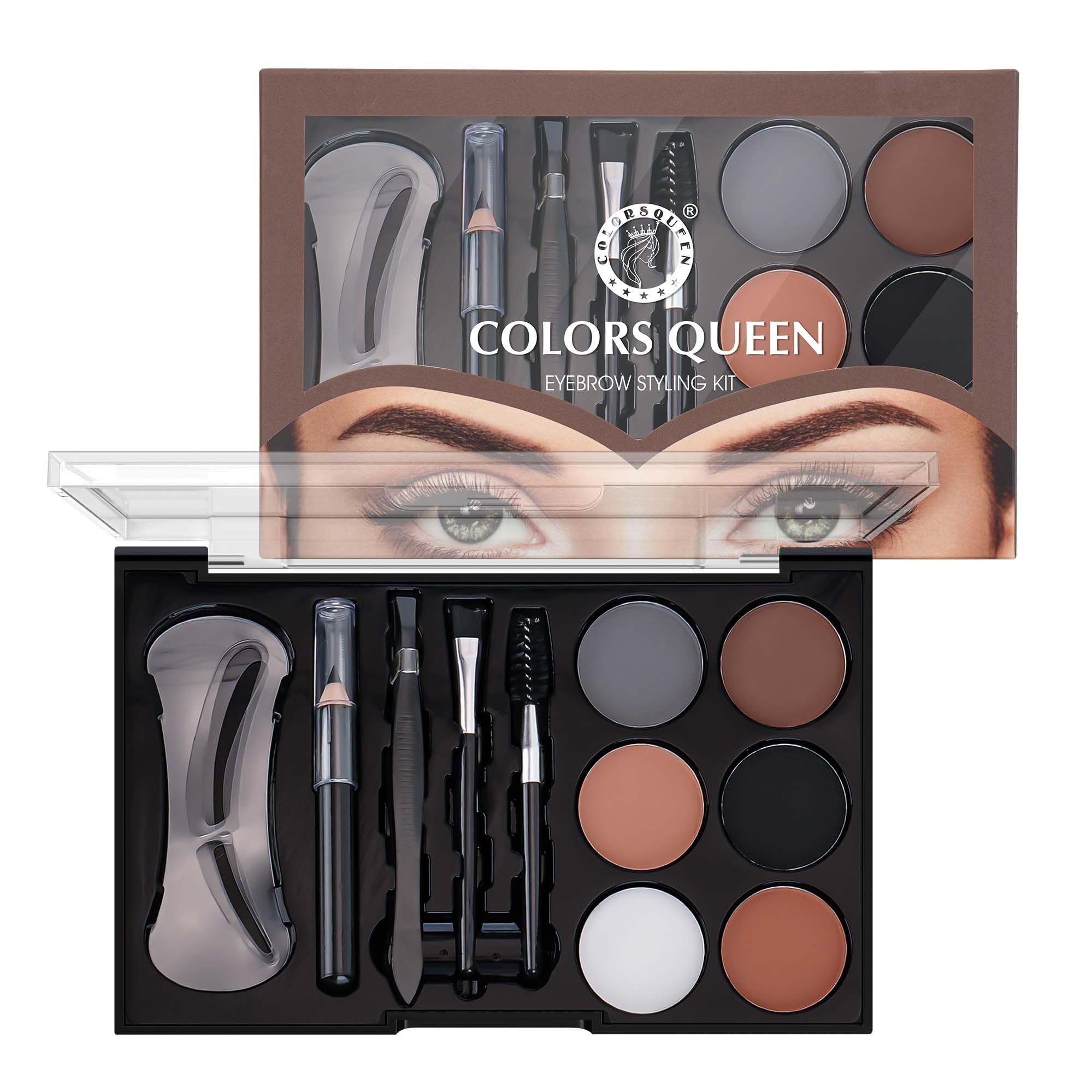 Colors Queen Eyebrow Styling Kit with 5 Highly Pigmented Shades and 1 Wax, Spoolie, Eyebrow Pencil, Eyebrow Stencil, Hair Plucker & Angular Brush (Palette)-picture-15