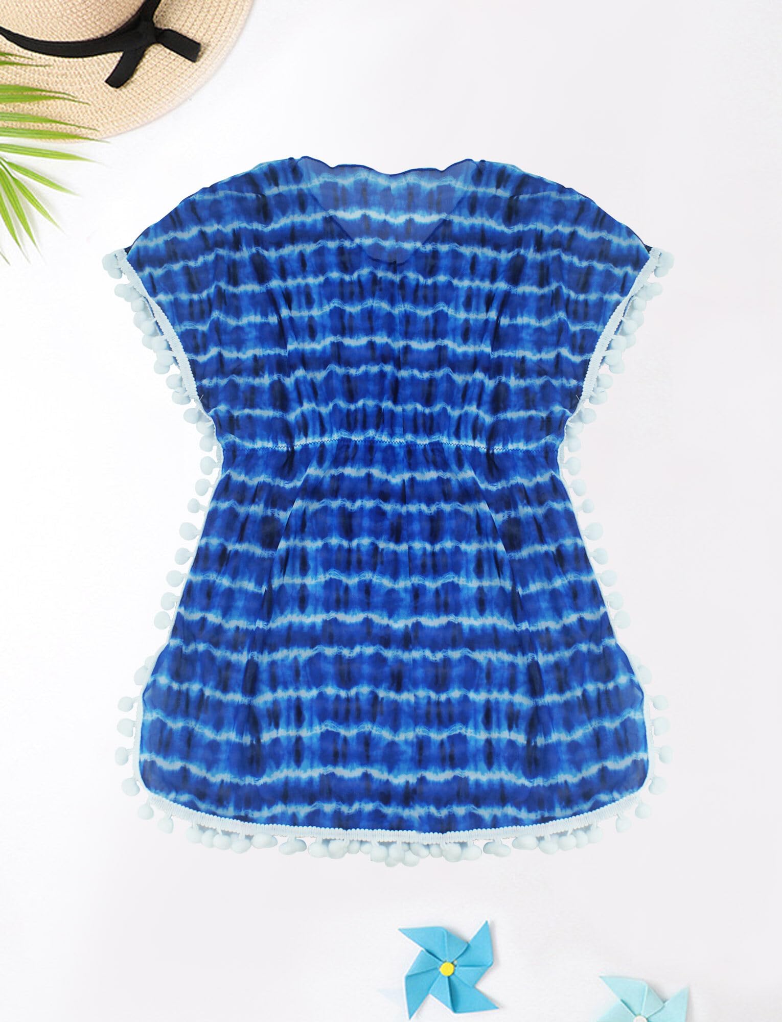 FEOYA Bikini para niña, vestido de playa, cubierta para traje de baño, cubierta de playa, poncho de playa con borla pequeña, bola de lana con cuello en V, ropa de playa elástica, 8-14 años