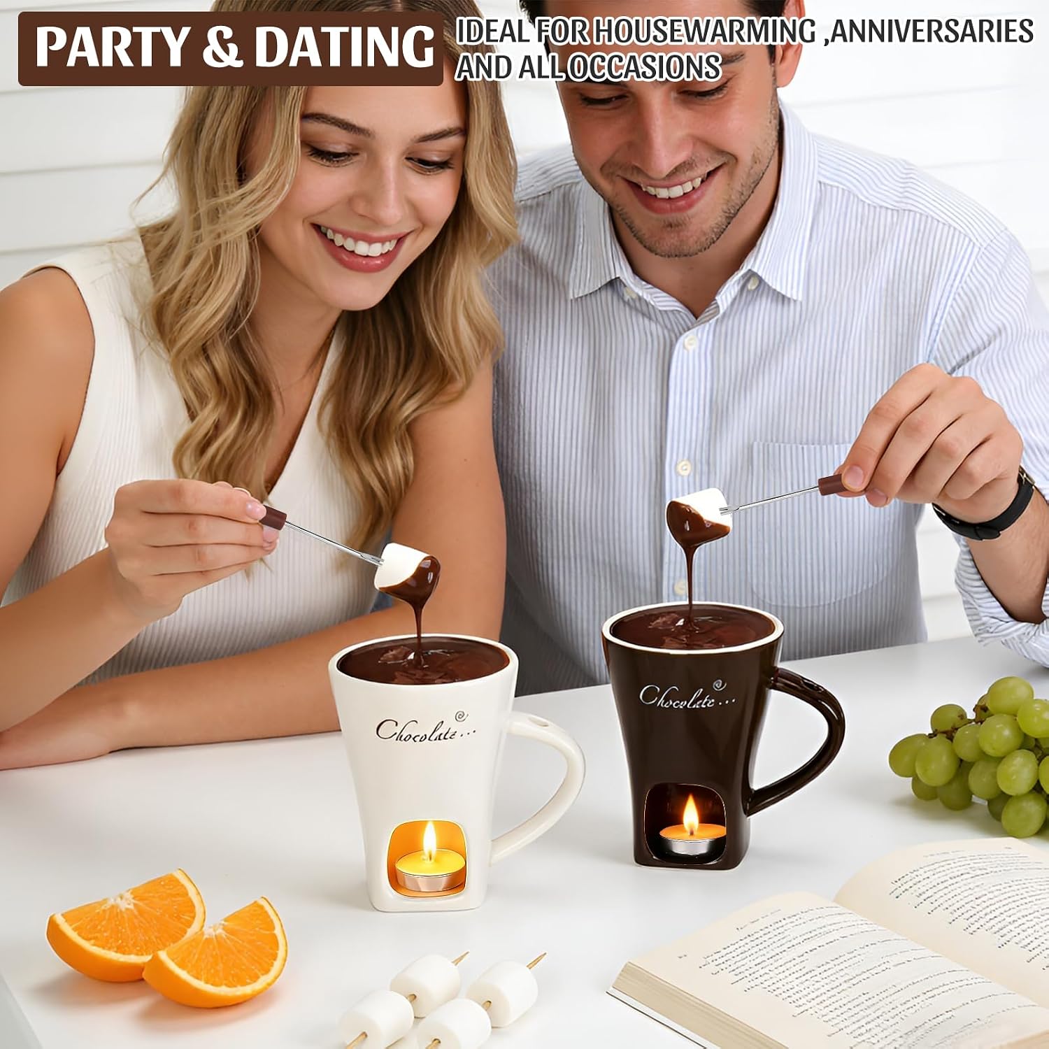 2 Pack Fondue Pot Ceramic Mini Chocolate Fondue Mugs Set with Forks Personal Porcelain Melting Cups for Caramel，Cheese, Butter, Suitable for Home Party Dating Gifts (White & Brown)