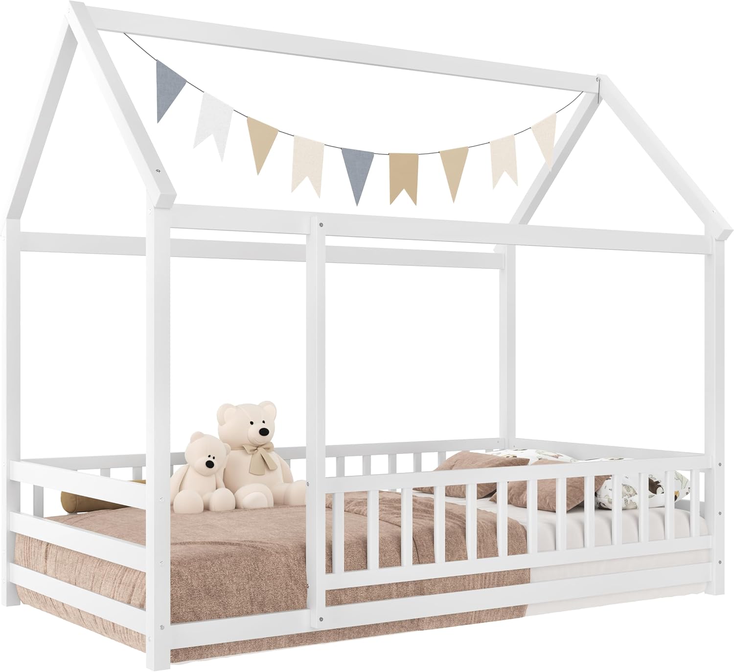 Harper & Bright Designs Twin Size House Floor Bed for Kids, Wooden Montessori Bed Frame with Fence and Roof Guardrails for Boys, Girls, Easy Assembly (White)