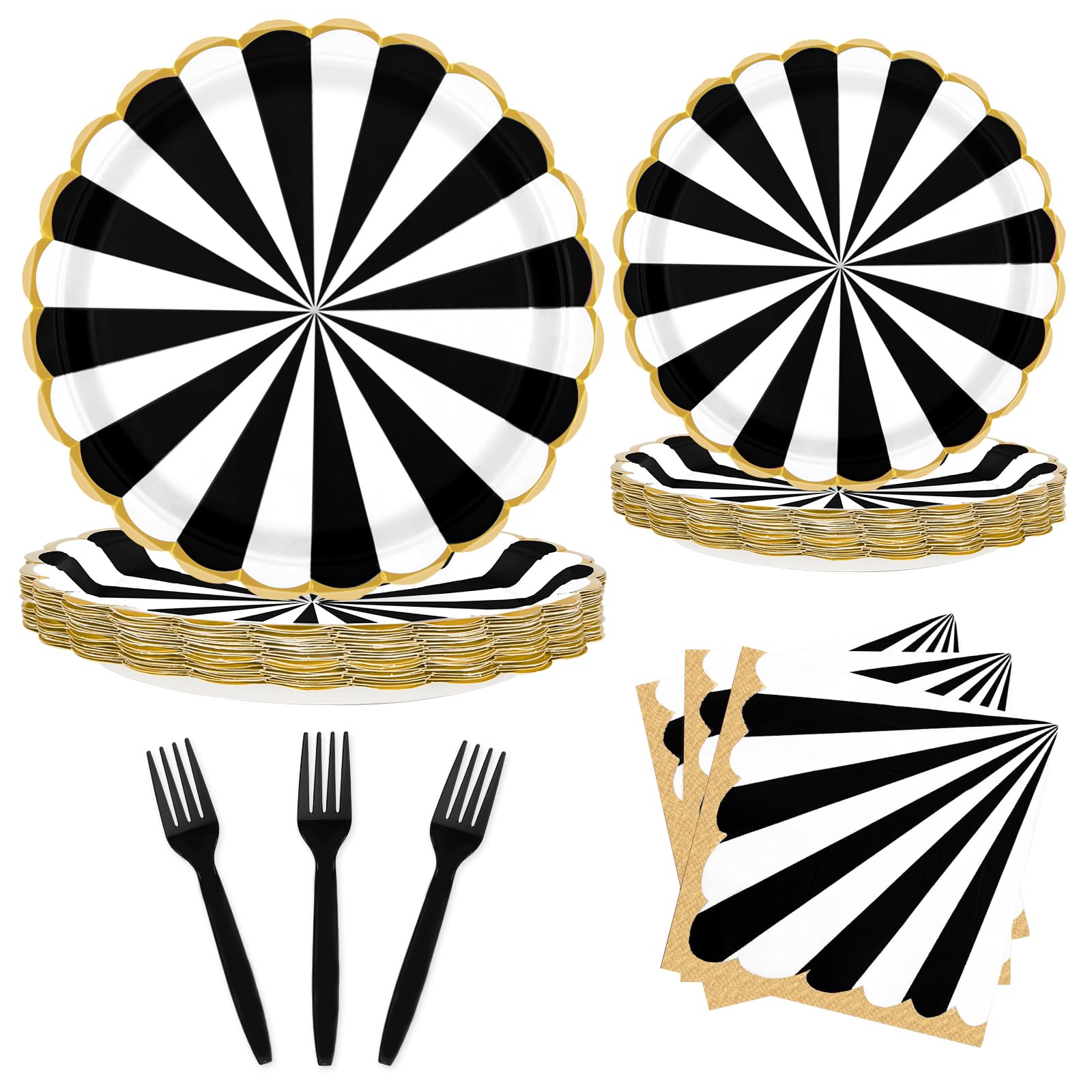 96PCS Party Plates, Black Paper Plates and Napkins, Disposable Tableware Set, Party Supplies for Kids Birthday Wedding Baby Shower Picnic, Serve for 24 Guests, Black and White