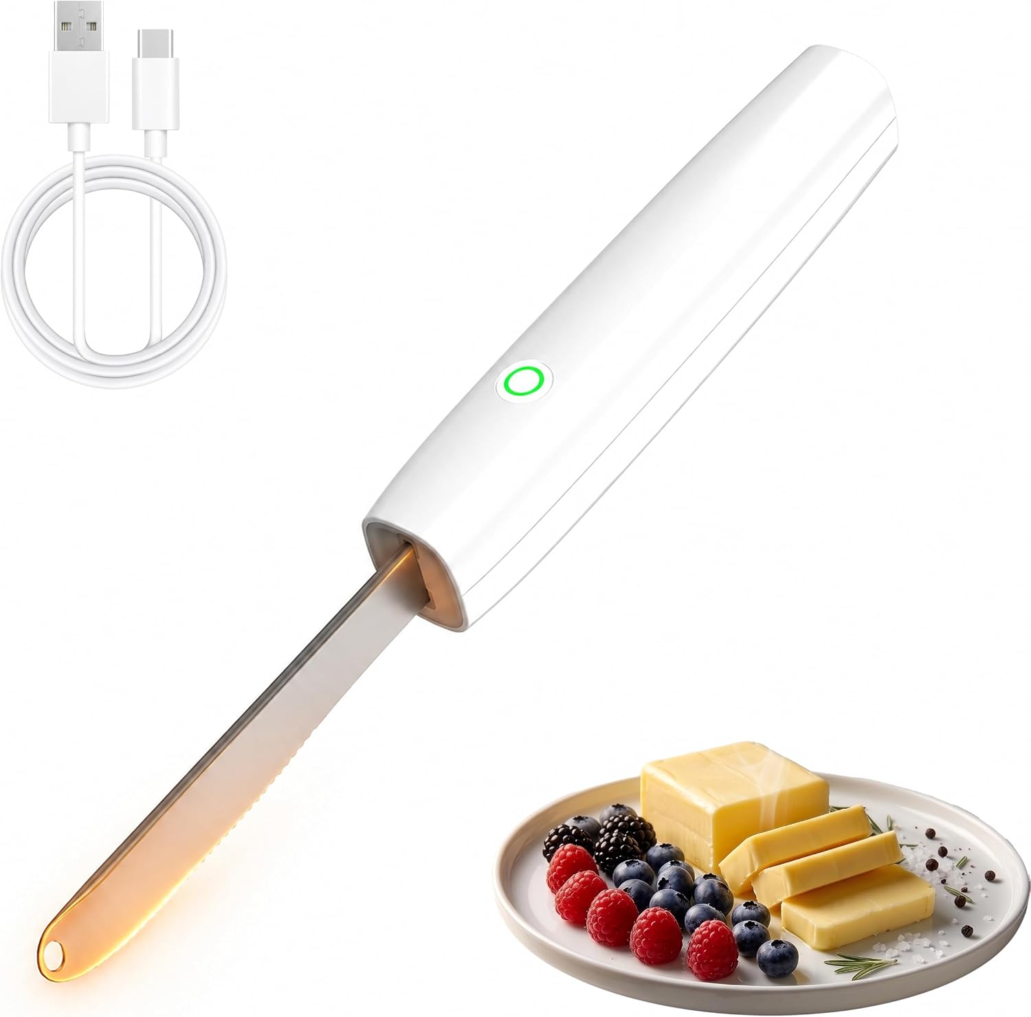 Electric Heated Butter Knife Spreader, USB-C Rechargeable Cordless Warming Knife with Curler Hole, 2 Heat Settings for Cold Hard Butter, Cheese, Peanut Butter, Jam, Kitchen Gift (White)