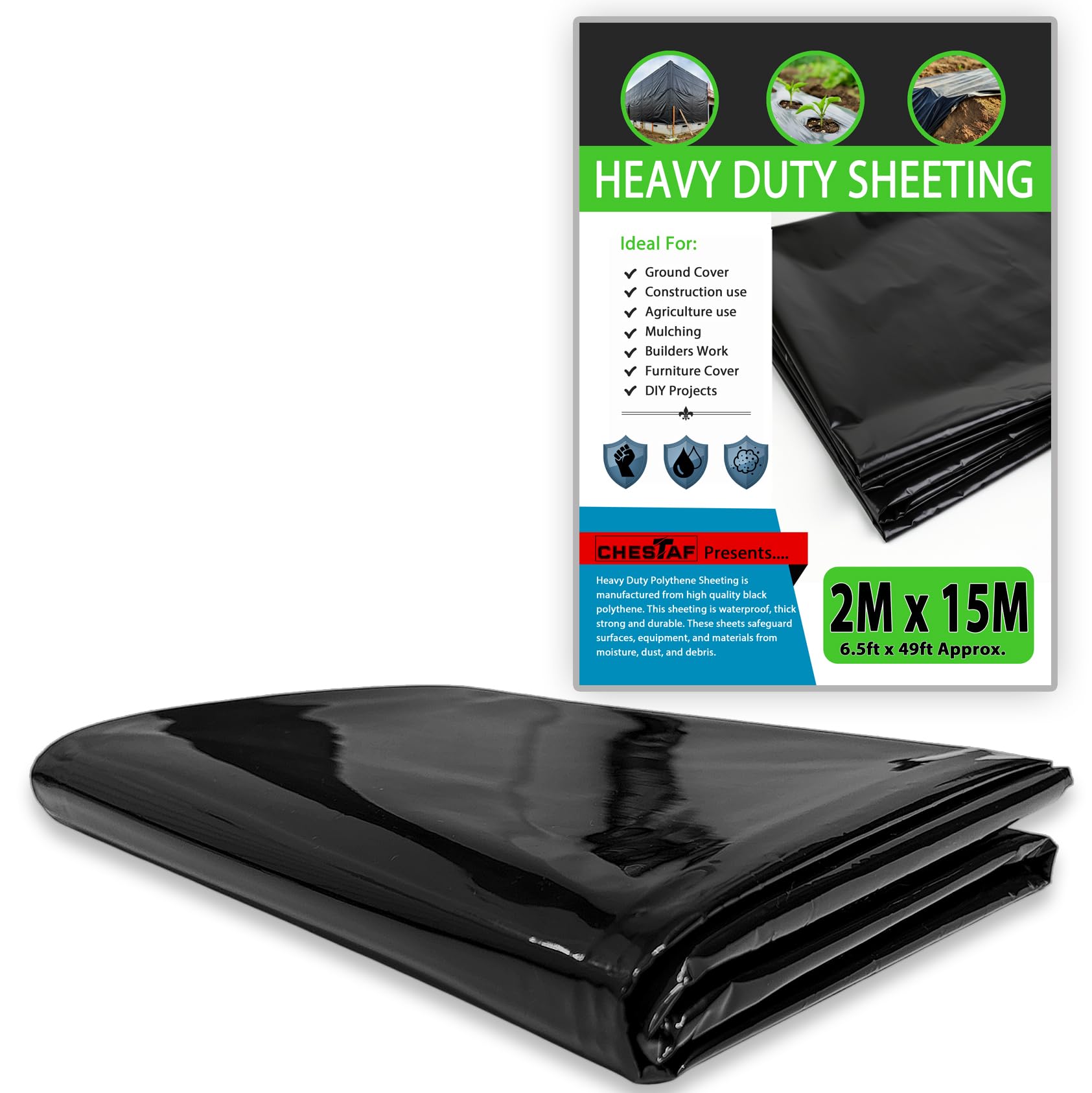 2M X 15M Black Plastic Sheeting Heavy Duty, 2750G Thick Polythene Sheeting Garden Grow, Dust Sheet Waterproof Outdoor Cover, Large Construction Gardening Insulation, Building Rubble Protection