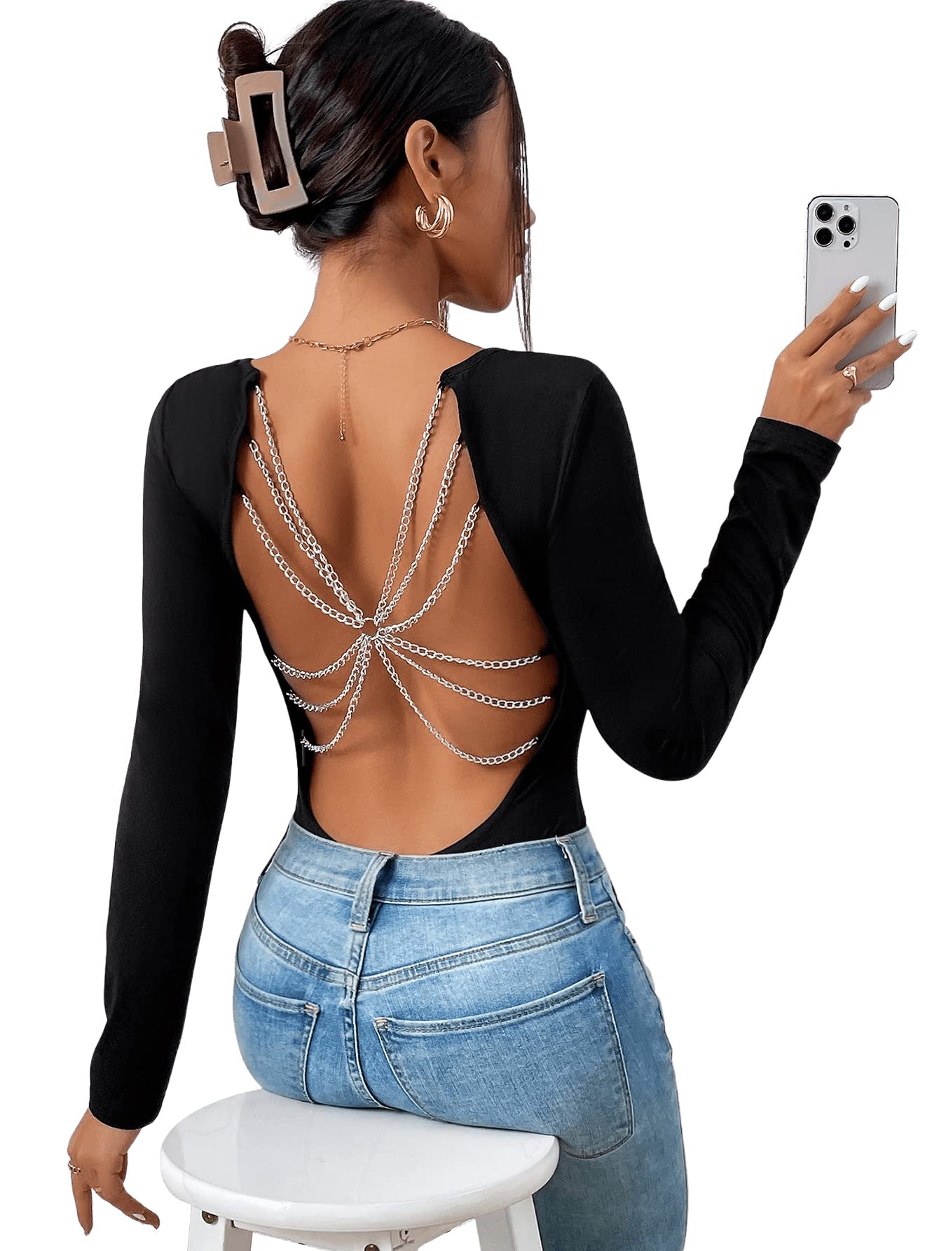 GORGLITTER Body à manches longues pour femme avec chaîne, dos nu, tenue de festival, combinaison