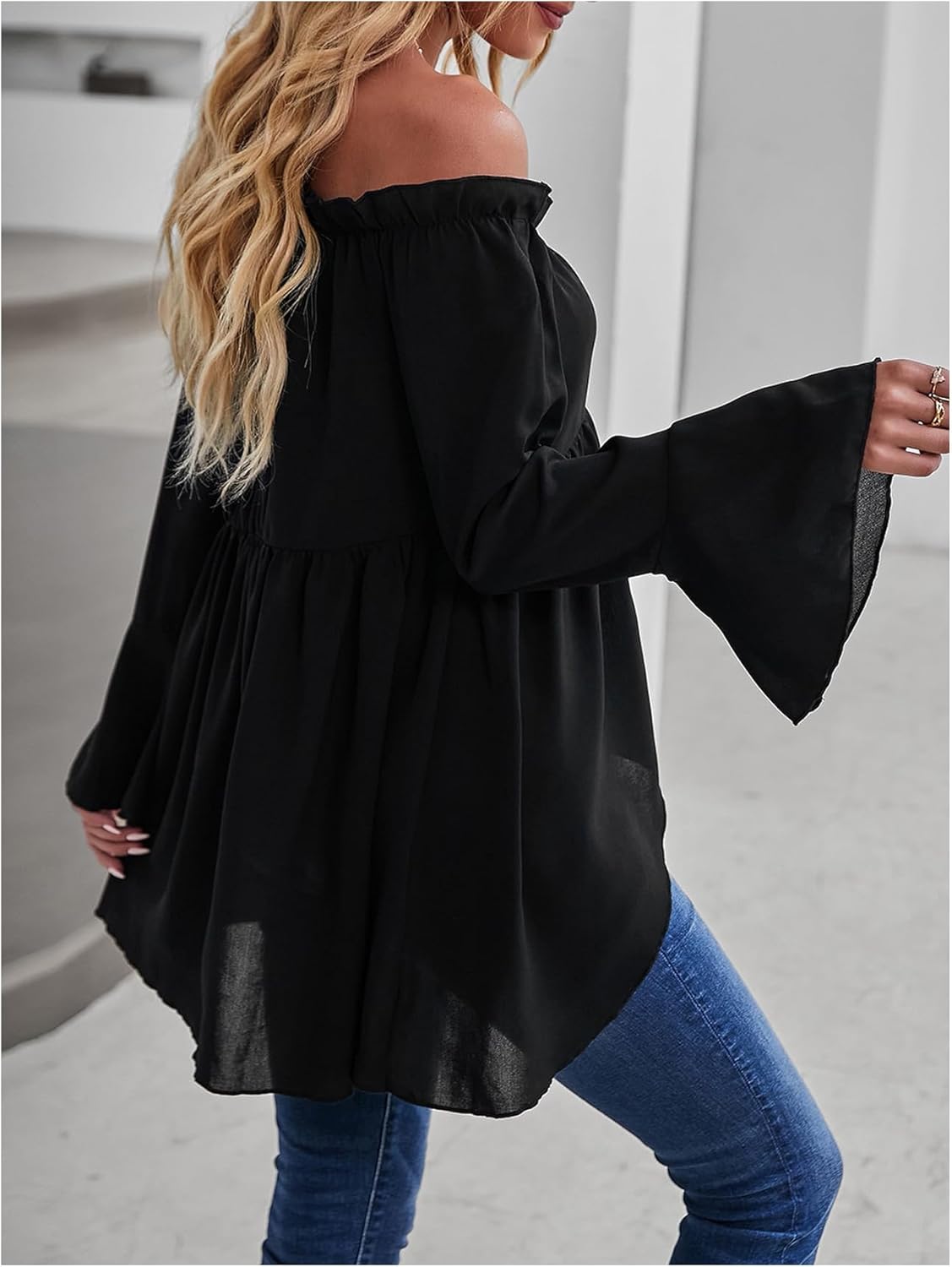 WDIRARA Women's Off The Shoulder Long Flounce Sleeve Blouse Ruffle High Low Peplum Top - Image 3