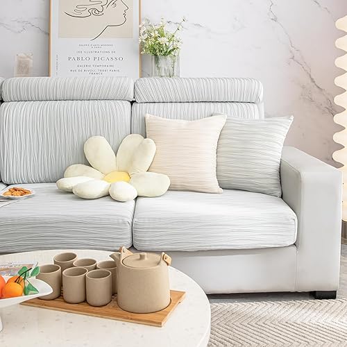 Miniatura 5 de vctops Funda de sofá elástica universal a rayas de color liso para tumbona en forma de L, súper suave, transpirable, antideslizante, protector de