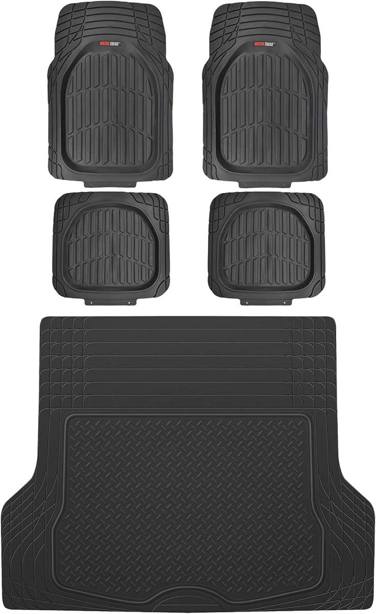 Motor Trend FlexTough Tortoise Rubber Car Floor Mats with Trunk Mat Cargo Liner, Front & Rear Combo Set fits Most Car SUV Van Coupe Sedan, Heavy Duty All Weather Trim to Fit
