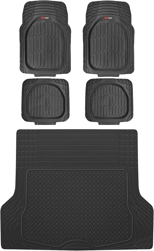 Motor Trend FlexTough Tortoise Rubber Car Floor Mats with Trunk Mat Cargo Liner, Front & Rear Combo Set fits Most Car SUV Van Coupe Sedan, Heavy Duty All Weather Trim to Fit