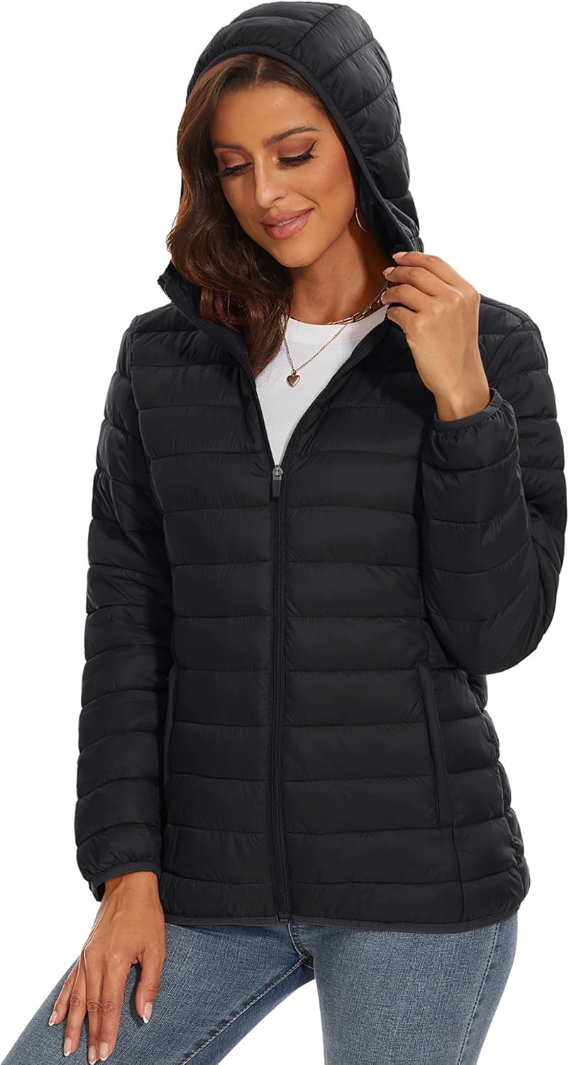 MAGCOMSEN Women's Hooded Puffer Jacket Lightweight Quilted Padded Coat 4 Pockets Zip-up Winter Warm Outerwear - Image 2