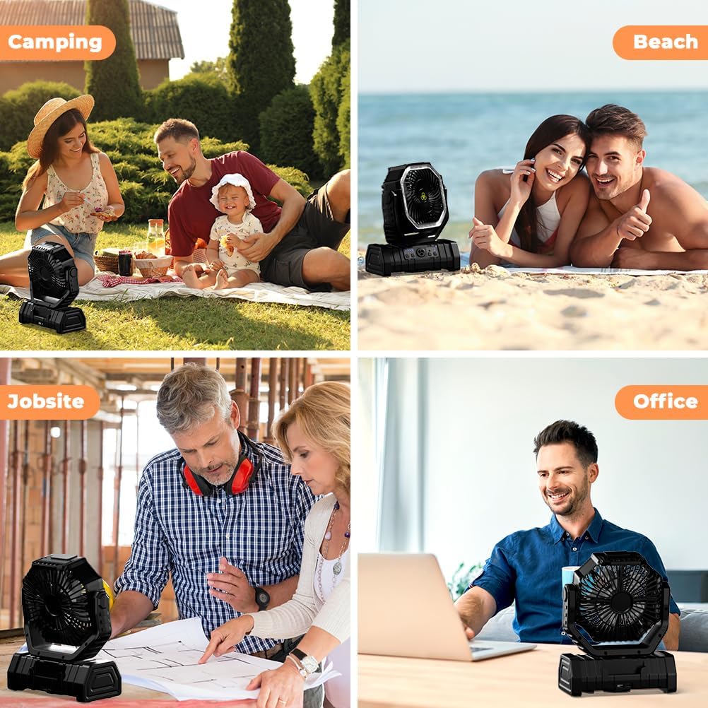 Camping Fan - 20000mAh Battery Powered Fan Rechargeable with LED Lantern - Portable Outdoor Tent Fans with Hanging Hook 4 Speeds Wind Remote Control, Black - Image 6