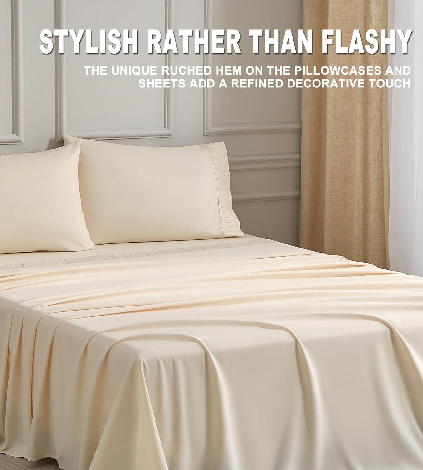 Beige Queen Sheet Set - Boho Ruched, Soft Aesthetic 4 Piece Bedding, Breathable, Cooling, Easy Care, 14" Deep Pocket