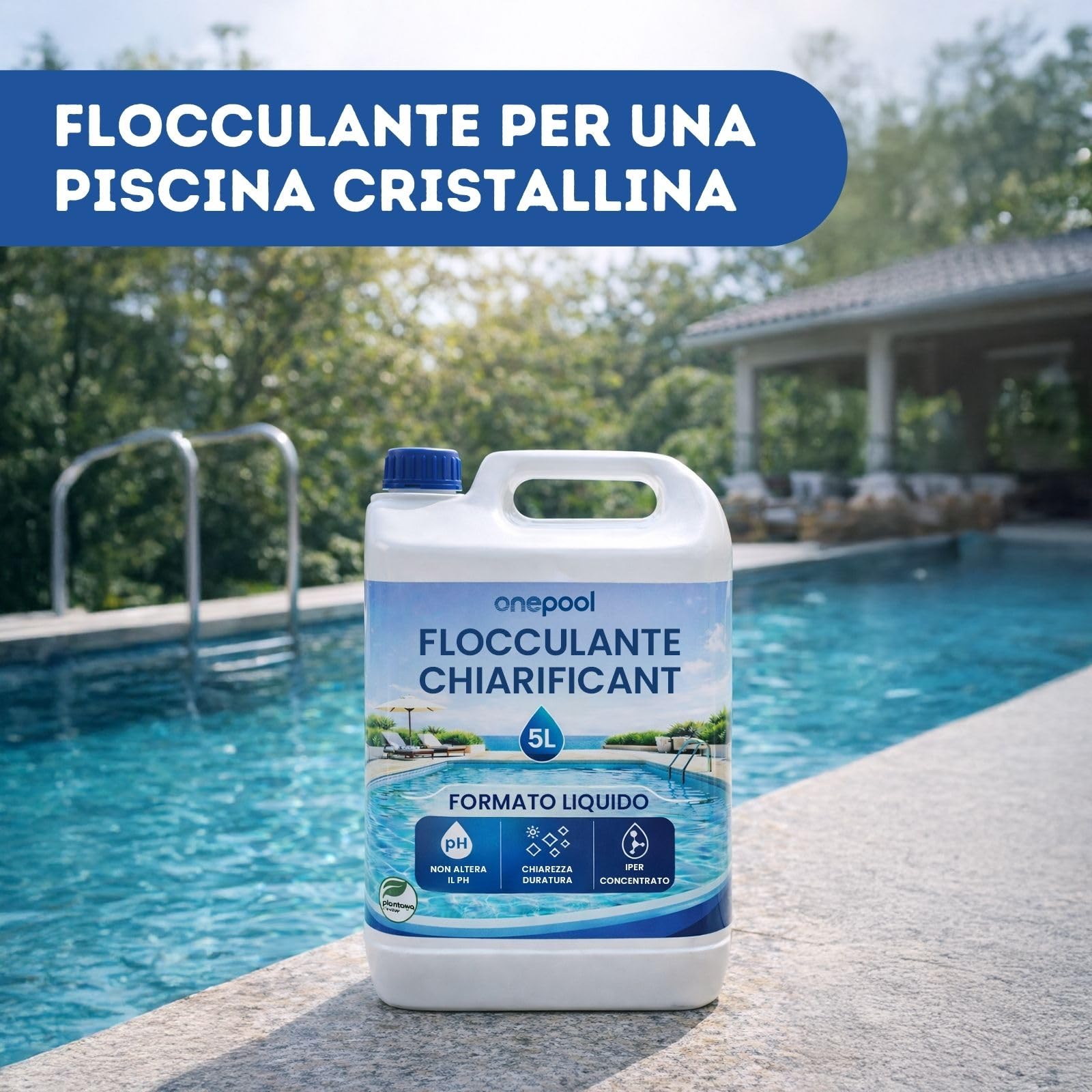 PLANTAWA Flocculante per Piscina 5L | Chiarificatore Acqua Torbida Super Concentrato | Schiarente per Piscina Compatibile con Ogni Trattamento | Sicuro e Senza Sostanze Aggressive
