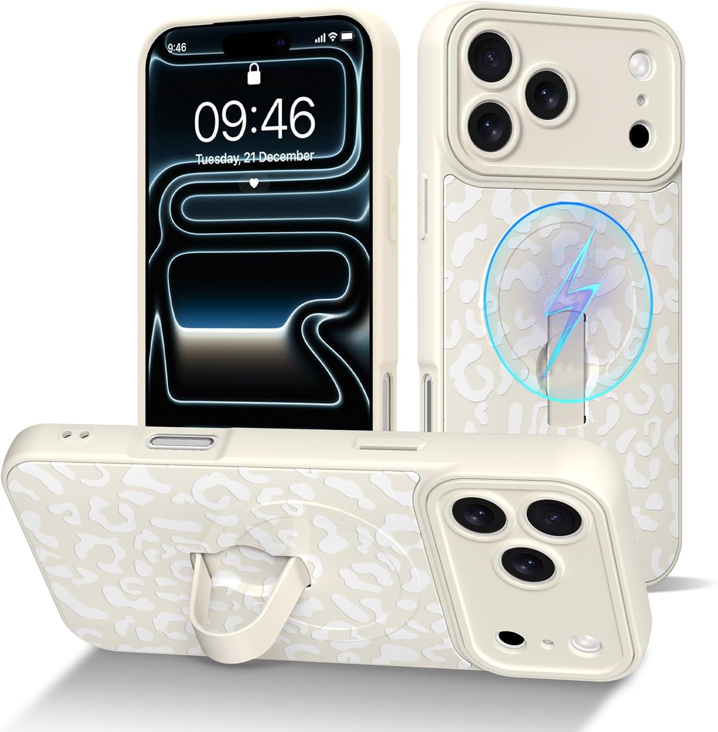 DOTARA Compatible with iPhone 17 Pro Max Case with Finger Strap Kickstand, White Leopard Cheetah Pattern Compatible with Magsafe, Camera Protection Shockproof Slim Cover for Women Girls